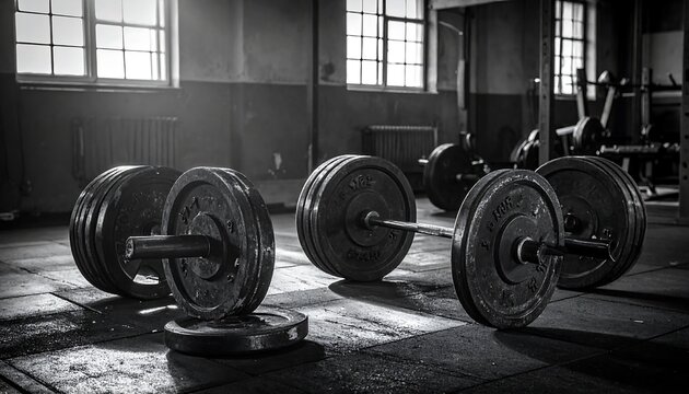 Black and white gym interior with barbells