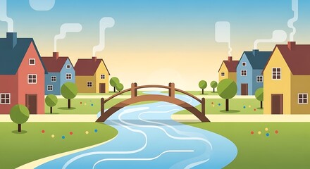 Fototapeta premium Village River Bridge View.