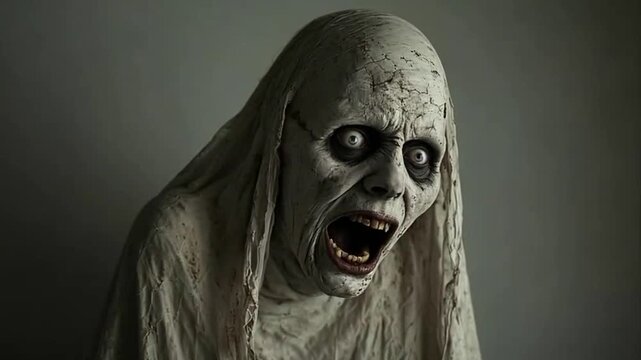 Terrifying Ghostly Figure with Cracked Skin and Wide Eyes Screaming in Darkness