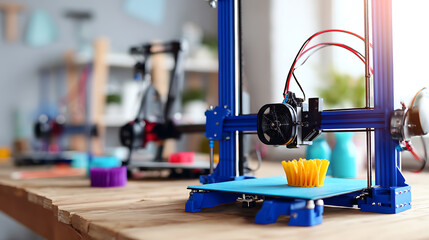 3D printer in operation creating a yellow object on a blue build plate