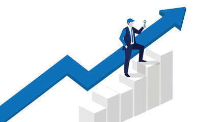 Man climbing stairs with arrow going up, symbolizing business growth vector design