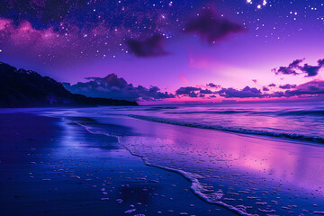 Sunrise or sunset on a beautiful purple beach with neon lights.