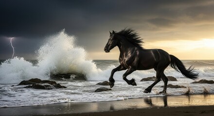 Fototapeta premium Year of the horse illustrated by galloping horse with dark, stormy clouds over ocean. Year of the horse art depicts power and majesty, waves crashing in background, rocky shoreline.
