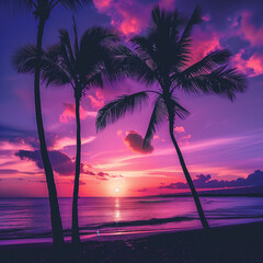 Sunrise or sunset on a beautiful purple beach with neon lights.