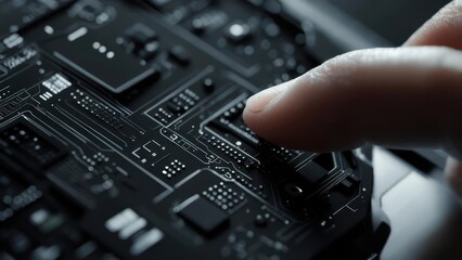 Close-up of a finger interacting with a complex circuit board