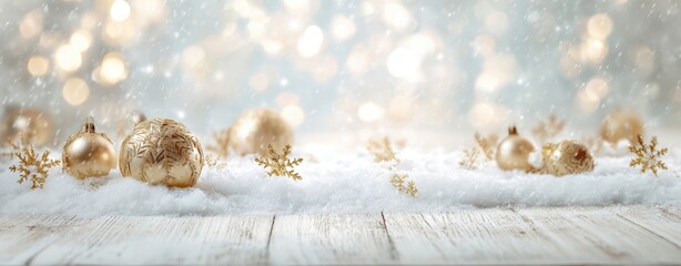 The Beautiful Arrangement of Golden Ornaments on Snowy Surface