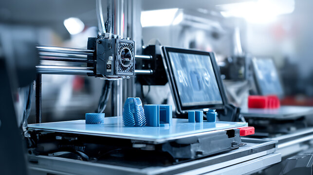 3D printer in operation creating blue plastic objects in a laboratory setting