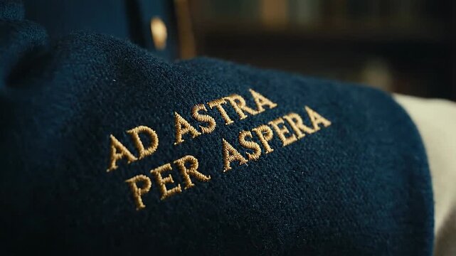 Ad Astra Per Aspera embroidered on dark fabric.