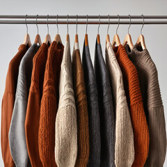 Autumn wool clothes hanging neatly on hangers in a closet, showcasing cozy textures and warm seasonal fashion.