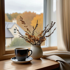 Coffee mug placed near a window with a vase of flowers, capturing cozy autumn vibes and warm seasonal indoor atmosphere.