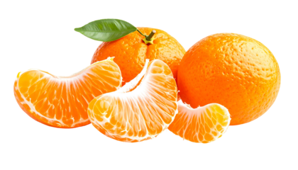 Two whole mandarins and three peeled segments, showcasing their vibrant orange hue and juicy texture, with a single green leaf