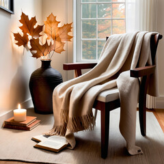 Cozy reading nook with armchair and throw blanket, capturing warm autumn vibes, rustic comfort, and inviting seasonal indoor atmosphere.