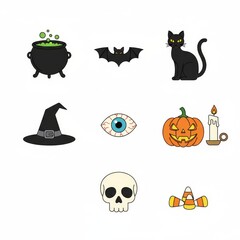 Halloween cartoon icons set with witch, bat, cat and pumpkin