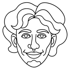 Stylized black and white line art portrait of a smiling man with wavy hair