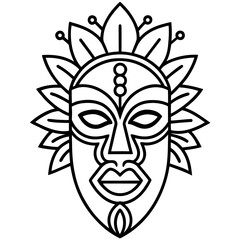 Stylized african tribal mask with leafy headdress and bold features