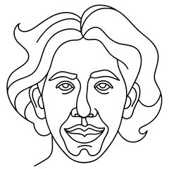 Minimalist line art portrait of a smiling person with wavy hair