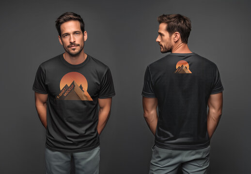 Front and Back Views of A Man Wearing A Black T-shirt Mockup 