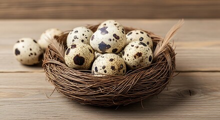 Obraz premium Fresh quail eggs nestled in a rustic bird nest on a wooden table.