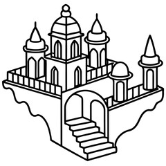Stylized black and white drawing of an ornate castle or palace with domes and towers