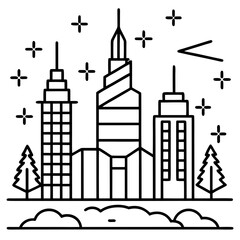 Stylized black and white line art illustration of a city skyline with skyscrapers trees and stars