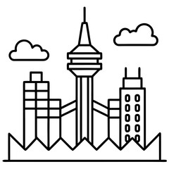 Modern city skyline with tall tower and buildings under clouds