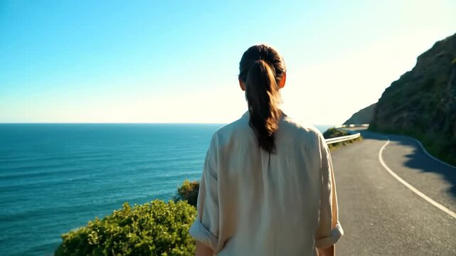 Woman Walking on Great Ocean Road in Victoria, Australia During Daytime Hours With Beautiful Coastal Views