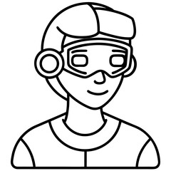 Stylized line art illustration of a person wearing virtual reality goggles and a headset
