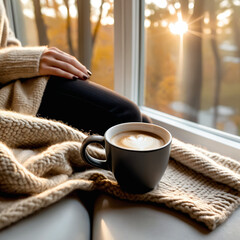 Black coffee cup placed near a woman by a window, capturing cozy autumn vibes, warm seasonal atmosphere, and indoor fall lifestyle.