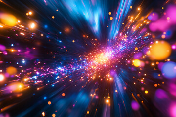 Core of synthetic thought radiating high-speed particle explosions in dark cosmic space with futuristic energy dynamics