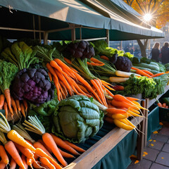 Autumn produce displayed at a farmers’ market, showcasing cozy fall harvest vibes, seasonal colors, and rustic outdoor seasonal atmosphere.