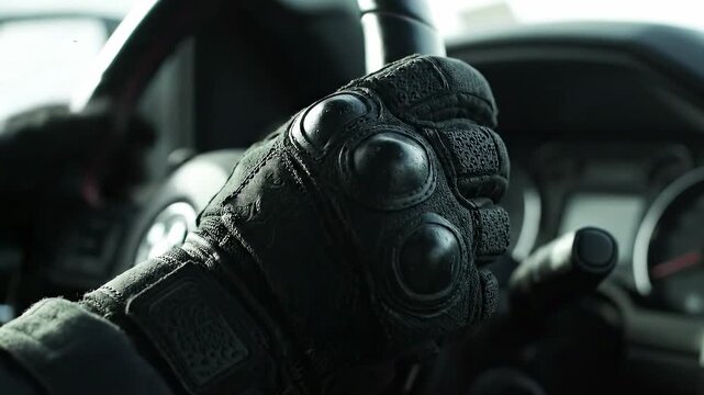 Bikers Hand in Protective Glove Gripping Motorcycle Handlebar.