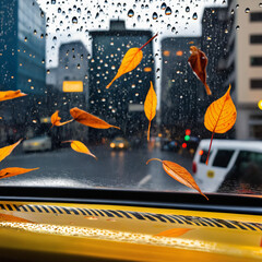 View through a car window with rain and autumn leaves, capturing cozy fall vibes, moody seasonal atmosphere, and rainy autumn urban or nature scene.