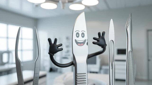 A cheerful, anthropomorphic scalpel - Eager and sharp - Posing confidently amidst other stylized surgical tools - In a brightly lit, minimalist medical setting.