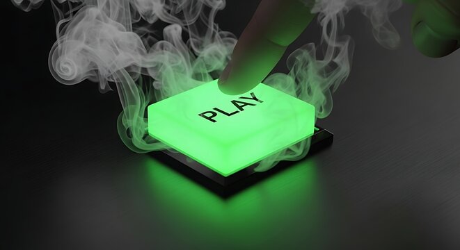 Pressing a glowing Play button in a smoky atmosphere for game activation