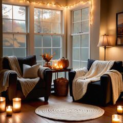 Corner with two sofas, candles, string lights, and a floor lamp, creating cozy autumn vibes, warm lighting, and inviting seasonal indoor atmosphere.