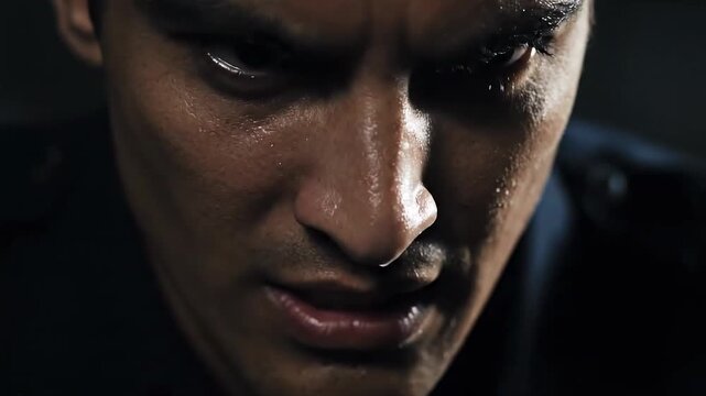 Close Up Intense Man Face Dramatic Lighting.
