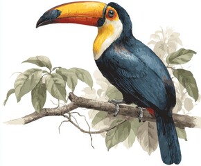 Fototapeta premium Exotic Toco Toucan in Paradise: A vibrant illustration of a toco toucan perches serenely on a tree branch. Its magnificent bill and striking plumage are set against a backdrop of lush greenery. 