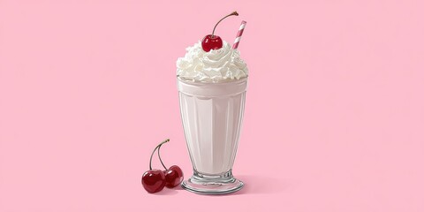 Classic Milkshake: A refreshing milkshake, topped with whipped cream and a vibrant cherry, sits in a vintage glass against a solid background. A nostalgic treat for any time.