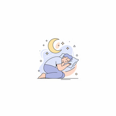 Peaceful Sleep Scene An illustration of a person sleeping soundly and comfortably in bed, illuminated by a gentle crescent moon, symbolizing deep rest, relaxation, and wellness