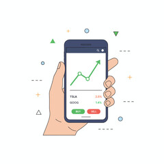 Hand holding a smartphone with a stock market trading app showing a rising graph. Concept of online investment, financial technology, and mobile banking success