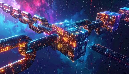Digital chain links enclose a glowing cube