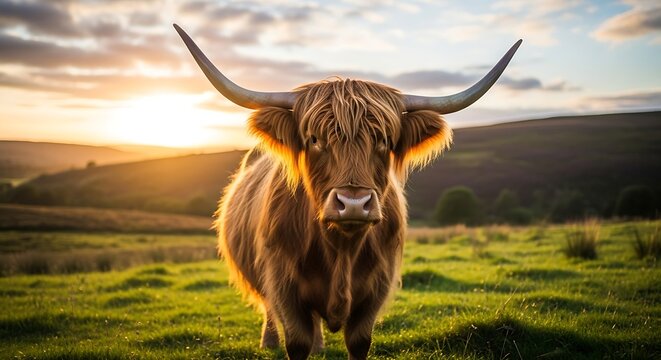 Majestic Highland cow with long horns in a grassy field at sunset.
