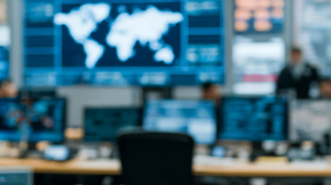 Blurred view of a control room with multiple computer monitors, world map display, and personnel working in a high-tech environment.