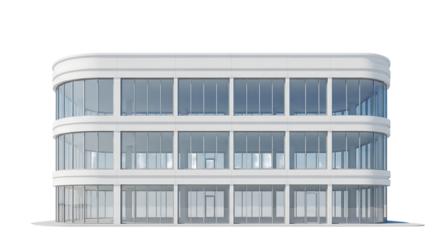 White, modern, multi-story office building with curved facade