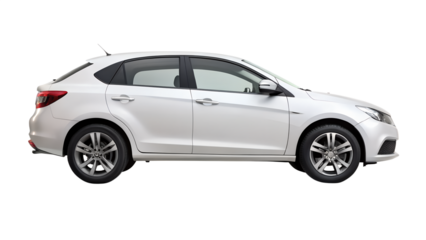 Side view of a white sedan isolated on transparent background, showcasing its sleek design and modern features for automotive enthusiasts