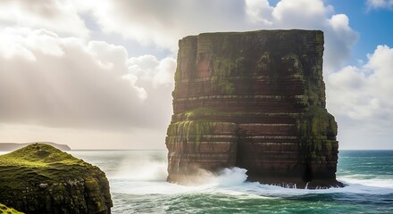 Majestic Sea Stack at Cliffs of Moher, Ireland, with Crashing Waves and Dramatic Sky.