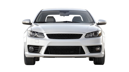 Front view of a modern white car isolated on transparent background, showcasing its sleek design and aerodynamic features for transportation needs