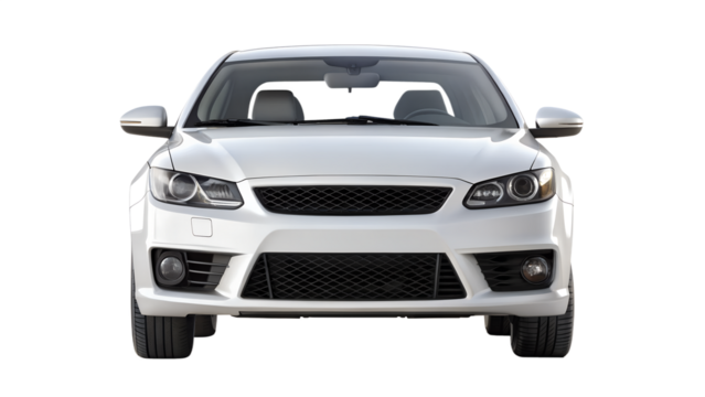 Front view of a modern white car isolated on transparent background, showcasing its sleek design and aerodynamic features for transportation needs