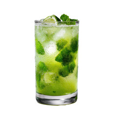 Refreshing green cocktail with lime and mint garnishes in a tall glass filled with ice
