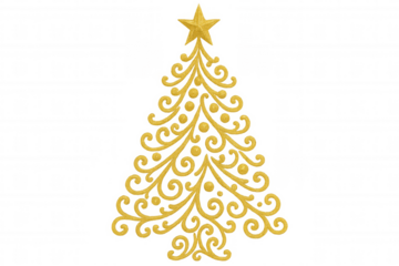 Golden glitter christmas tree ornament with swirling filigree design and star, transparent background, festive holiday decoration